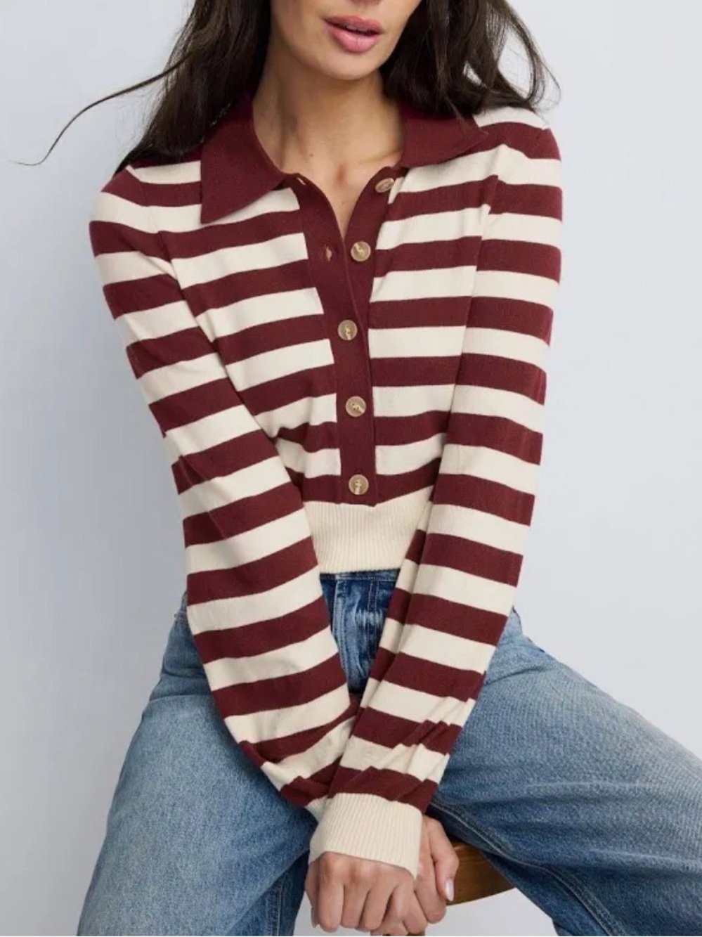 Favorite Daughter Striped Polo Sweater in Cream and Burgundy